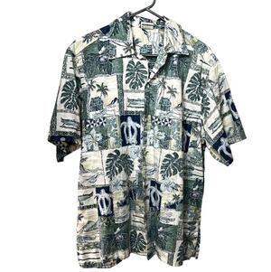 Go Barefoot Hawaiian Aloha Shirt Men's Large Reverse Print Blue Green Botanical